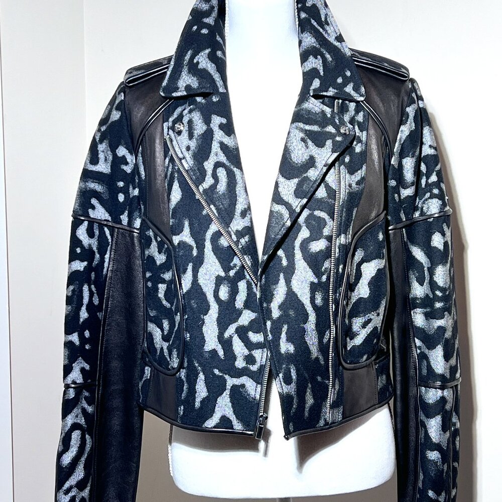 DIANE VON FURSTENBERG "THEODORA" WOOL LEATHER Grey Black MOTO JACKET Sz Med 10